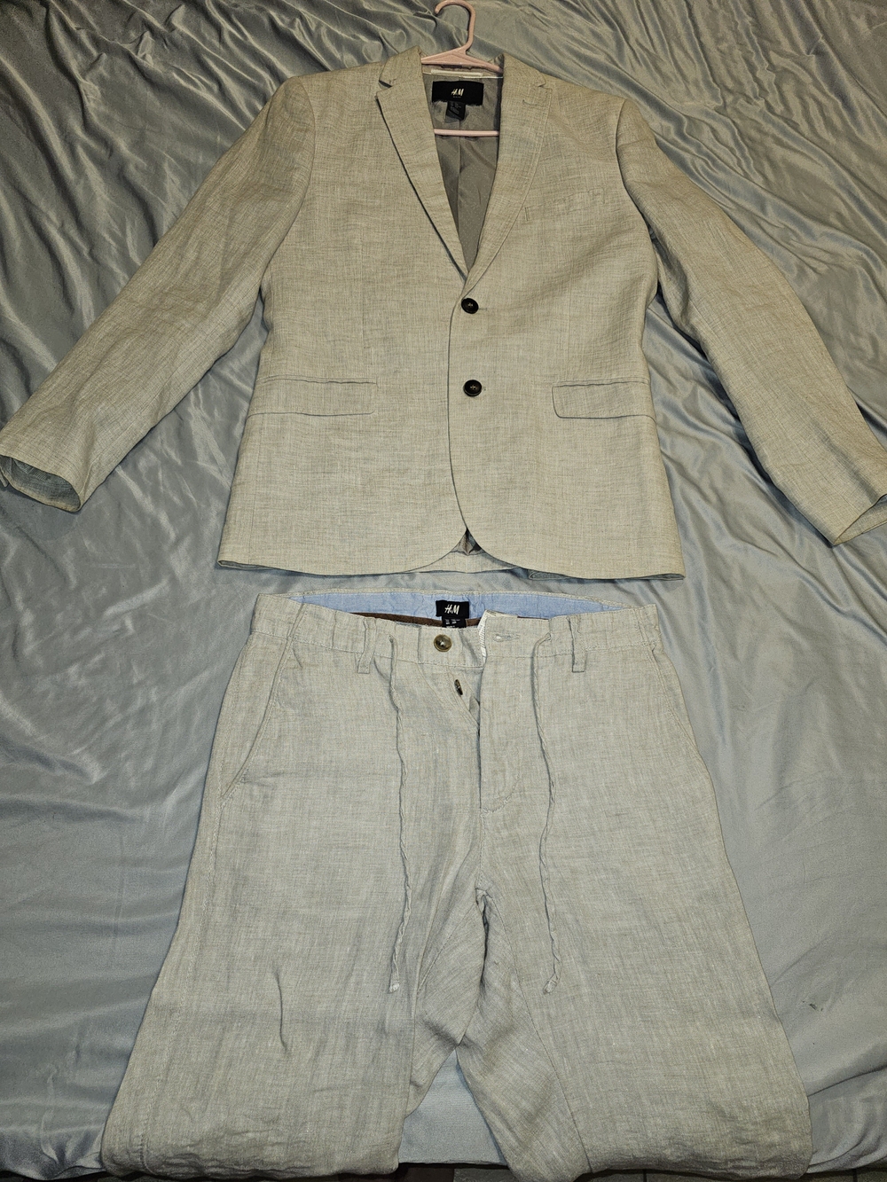 H&M Light Gray Linen Blend Men's Suit Jacket & Trousers